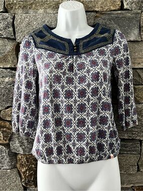 Lucky Brand Navy, White & Red Patterned Peasant Tunic